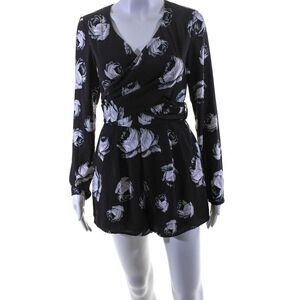 The Fifth Womens Long Sleeve Tie Front Floral Wrap Romper Dark Purple Gray Small